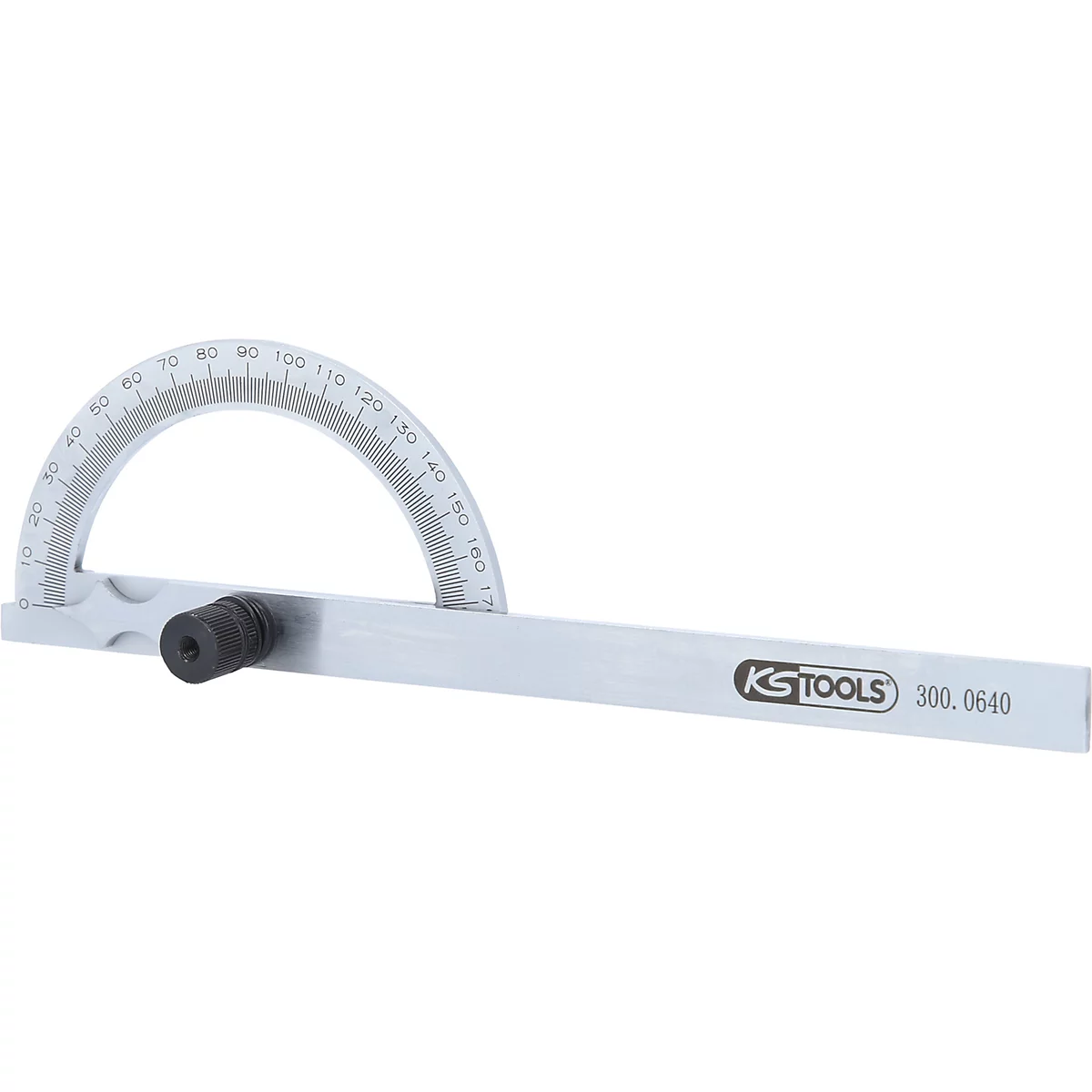 Ein Winkelmesser aus Metall mit einer halbrunden Skala und einem schwarzen Drehknopf.